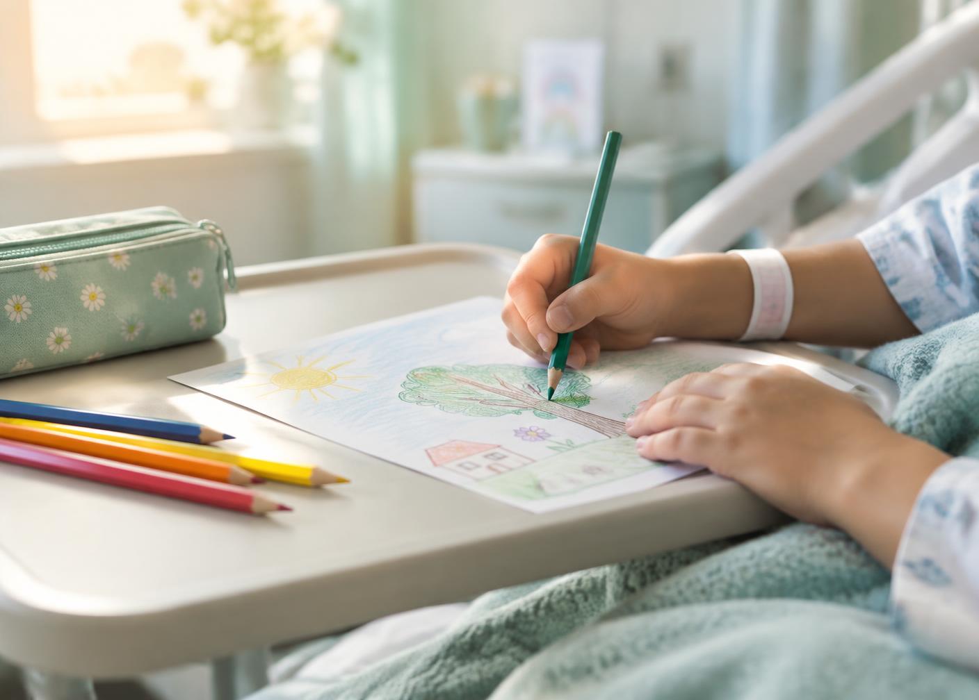 Niña dibujando en una habitación de hospital
